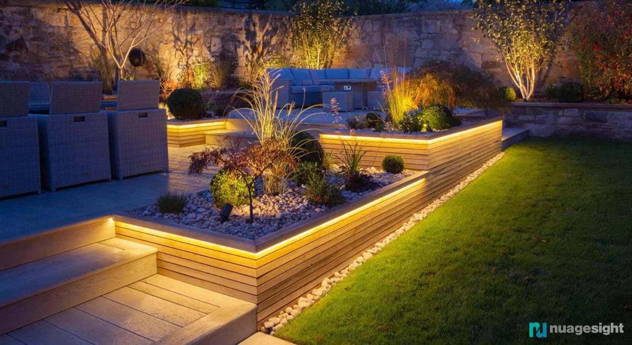 Garden and patio view of lighting at night