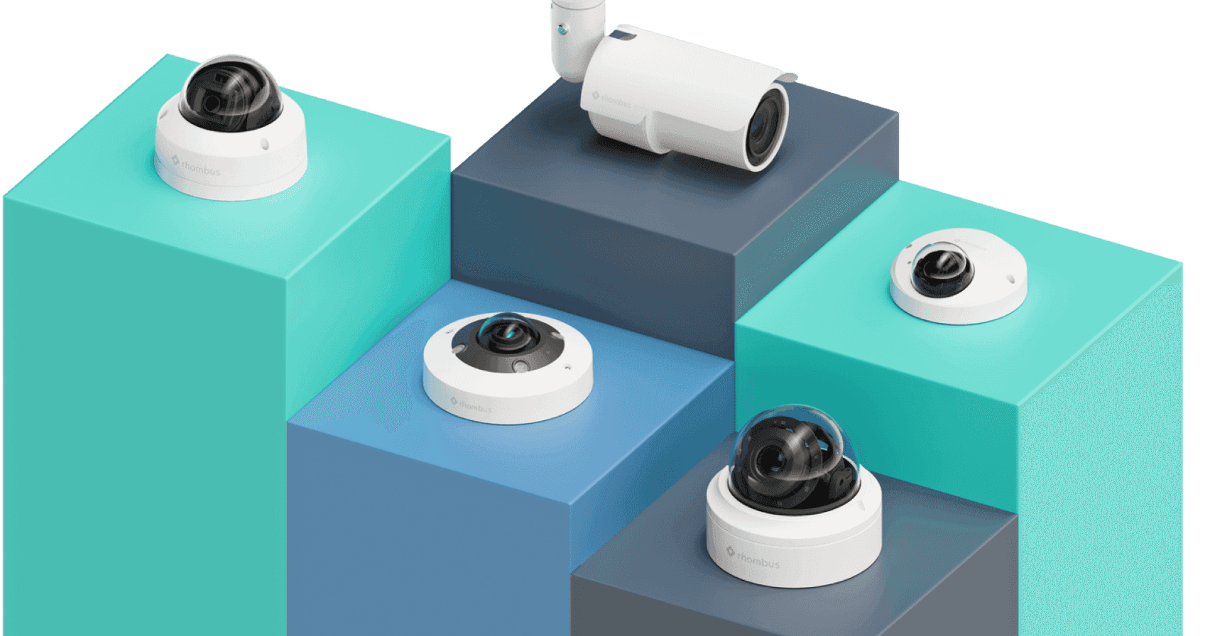 Several CCTV cameras displayed on pedastals of varying heights